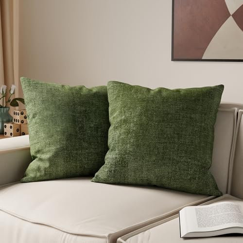 Encasa XO Chenille Kissenbezüge Set von 2 | Moss - (24x24) (60x60 cm) | Dekorative Akzent Quadratische Wurfkissenbezüge Für Couch, Heimdekoration, Sofa