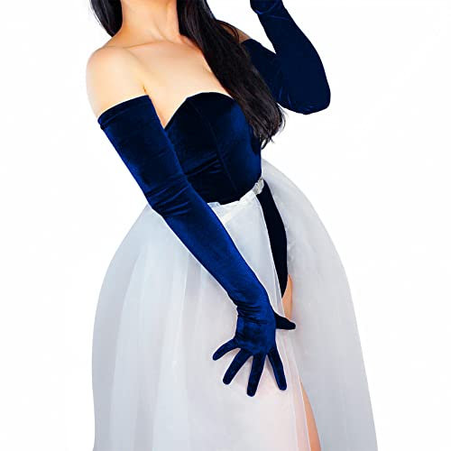 DooWay Damen-Handschuhe, superlang, Samt, 70 cm, Marineblau, Stretch, Halloween, Hochzeit, Abend, Handschuhe, marineblau, 85
