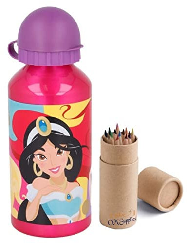 OM SUPPLIES Princess Bright & Bold Characters Aluminium Sports Bottle 400ml - Holiday, Back to School Water Drinking Kids Lunch Children Includes Half Size 12pcs Pencil (Princess)