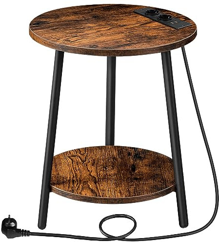 HOOBRO Beistelltisch mit Ladestation, runder Couchtisch mit 2 Ebenen, Wohnzimmertisch, Nachttisch für kleine Räume, Sofatisch für Wohnzimmer, Schlafzimmer, Vintagebraun und Schwarz EBF67CBZ01