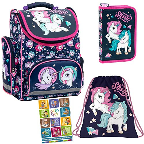 Goldkids Einhorn Unicorn Schulranzen 4er Set Ranzen Tornister Federmappe Federmäppchen Turnbeutel Turnsack Aufgabenheft für die Grundschule