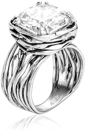 JEAN RACHEL JEWELRY 925 Sterling Silver Statement Ring White Cushion Shaped Cubic Zirconia CZ Organic Look Vintage Antique Look, Lead-free Artisan Handcrafted Designer collection