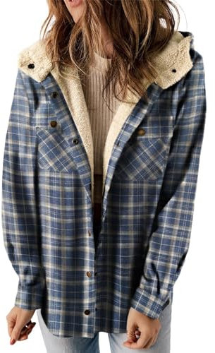 MAVIS LAVEN Plus Size Damen Karierte Flanell-Shacket-Jacke, langärmlig, Button-Down-Fleece-Kapuzenjacke, warmer Mantel