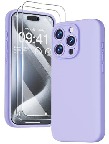 GOODVISH 3 in 1 Silicone Cover per iPhone 15 Pro 6.1 (2023), Custodia con 2 Pellicola Protettiva, Case per Cellulare Ultra Sottile Antiurto Resistente [Protezione Fotocamera], Viola