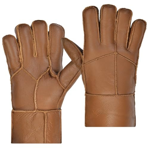 Harssidanzar Männer Shearling Handschuhe,Warme Winter Leder Shearling Schaffell Handschuhe KM056EU, Kaffee, Größe L
