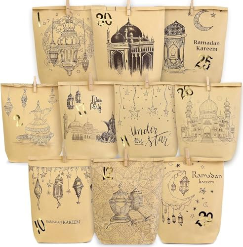 HAUSPROFI Ramadan Kalender zum Befüllen DIY Ramadan Dekoration 30 Kraftpapiertüten braun Kraftpapier Geschenktüten mit Aufklebern und Holzklammern Eid Mubara Countdown Ramadan Kalender