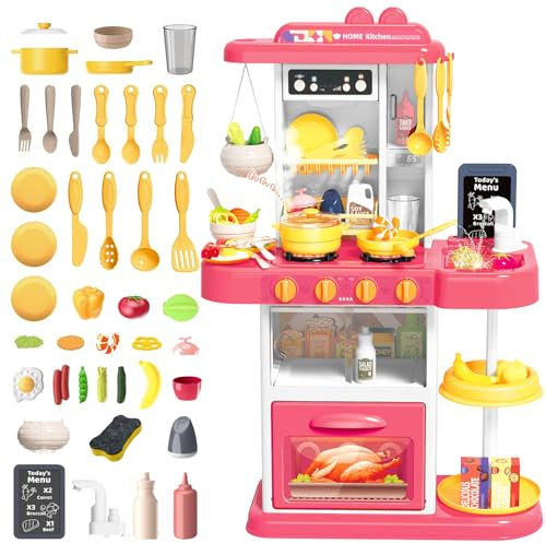 deAO Cuisine pour Enfants avec Lumières et Sons, 54 PCS de Cuisine pour Enfants, Cuisine Ludique, évier, Four, Cuisinière à Induction, Cafetière, Porte-dessert, Jeu de Rôle, Cadeau pour Enfants (Rose)