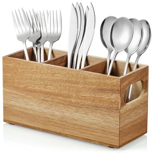 DRASTAR Porte-ustensiles en bois d'acacia, organiseur de comptoir, porte-couverts pour fête, fourchette, cuillère, couteau