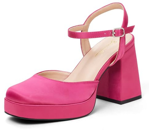 DELONIX REGIA Décolleté con Tacco Grosso e Plateau per Donna, Tacchi Chiusi a Punta Quadrata di 10 cm con Cinturino alla Caviglia per Abiti da Sposa e da Festa, Raso Rosa, 39 EU