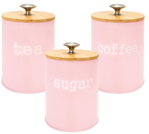 3PCS Pink Kitchen Canister Set 6.1 x 3.7 Matte Condiment Pot Metal Tin Jar Container with Bamboo Airtight Lid to Store Dry Food Spices Coffee Tea Sugar Storage Accessories for Bar Counter Farm House