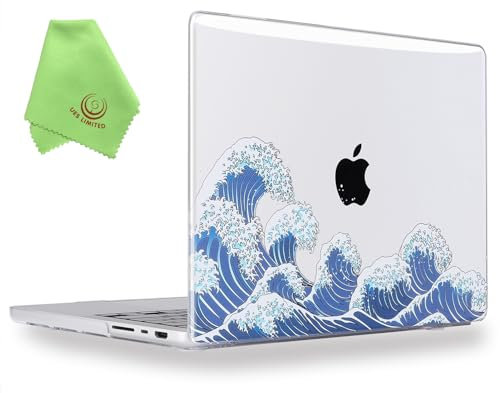 UESWILL Étui compatible avec MacBook Pro 14 M4 M3 M2 M1 Pro Max 2021-2024 - Coque rigide à motif créatif + chiffon en microfibre, vagues de l'océan