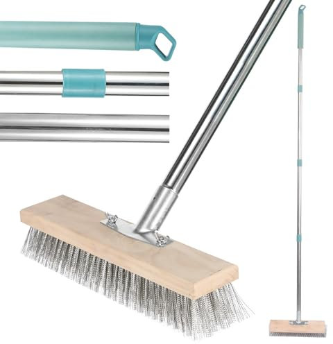 69 Inch Stainless Steel Wire Broom with Long Handle, Stiff Metal Bristle Brush Deck Scrub Brush 4 Detachable Pole, Outdoor Floor Scrub Brushes Wire Deck Broom for Cleaning Moss Algae Weed (30x175cm)
