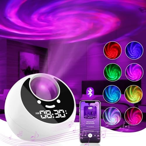 Galaxy Projector with Bluetooth Speaker, Alarm Clock Aurora Glow Lamp, 6 White Noise Natural Sound Ceiling Projector Night Light, Star Sensory Light for Kids/Bedroom/Party/Game Rooms