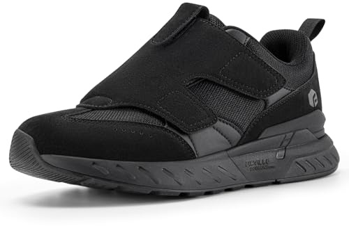 FitVille Mens Extra Wide Fit Trainers Walking Running Shoes Easy Close Orthopedic Shoes Comfortable Athletic Sneakers for Swollen Feet Flat Feet Plantar Fasciitis - Rebound Core V10 Jet Black