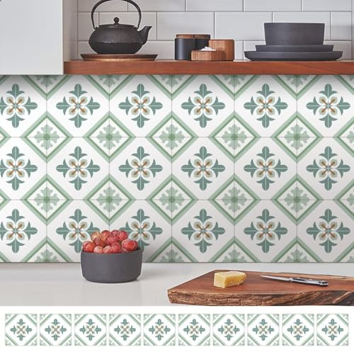 Credence Adhesive Pour Cuisine Motif Vert Vintage Autocollants Marocains,Stickers Carrelage,Décoration Murale Adhésive En Pvc Imperméable Carreaux De Ciment Pour Mur Meubles(10 Pcs,15×15Cm)