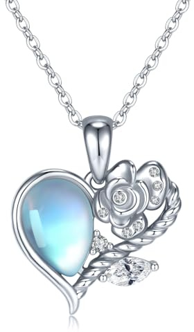 LOVANS 925 Silber Mondstein Halskette Damenhalskette Damenkette mit Rose Herz Anhänger Halskette für Damen Herz Silberkette Damen Schmuck Geschenk für Frau