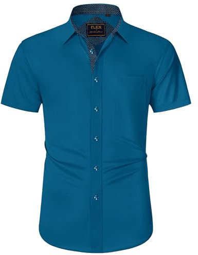 J.VER Men's Short Sleeve Dress Shirt Stretch Iron Free Regular Fit Business Casual Button Down Shirts Peacock Blue XL