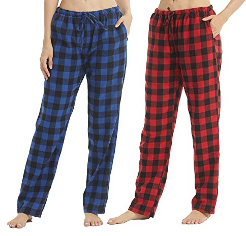 BEGIANT Lot de 1 ou 2 Pyjama Femme Hiver Pantalon de Nuit en Flanelle de Coton Doux à Carreaux avec Poches Vêtement Chaud Hiver Pyjama Long Femme Confortable,Carreaux Bleus + Carreaux Rouges,Taille L