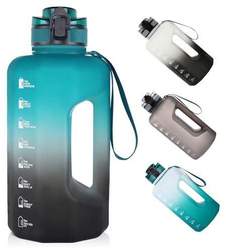 GEMFUL 2.2 Liter Trinkflasche Training Groß Gym Bottle mit Griff BPA Frei mit Zeitmarkierungen für Fitness Yoga Camping (grün schwarz)