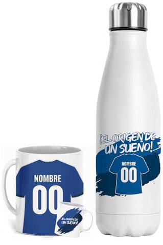Set Taza y Botella Térmica Personalizada Fútbol | Regalo Original para Aficionados del Fútbol | Regalo Camisetas Equipos Futbol | Termo Acero Inoxidable Doble Capa 500 ml (Getafe)