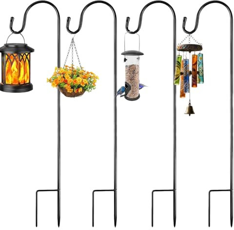 Shepherds Crook Hooks for Garden Lights, 4 Pack 80cm/31.5” Metal Border Hook with Metal Stake, Adjustable Height Shepherds Hooks for Garden Lanterns Birdfeeder Mason Jars Lights Weddings Plant Baskets