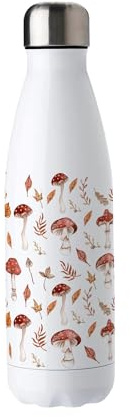 Purely Home Watercolour Mushrooms Stainless Steel Water Bottle - Autumnal Woodland Presents - Double Walled 500ml Metal Hot/Cold Drinks Bottle Outdoor Gifts