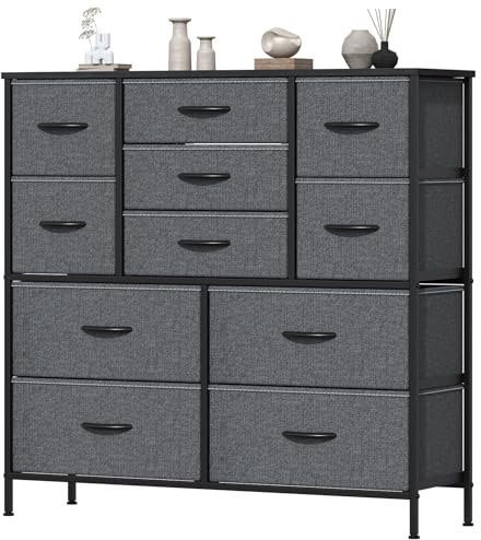 Feonase Chest of Drawers, Bedroom Tall Dresser with 11 Fabric Drawers, Metal Frame & MDF Wood Top, Adjustable Feet, Storage Organizer Unit for Bedroom, Closet, Living Room, Hallway, Deep Grey