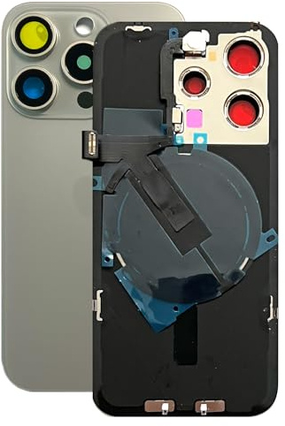 SVV Backcover, Akkudeckel passend für iPhone 15 Pro Serie. 15Pro Vormontiert : mit QI/NFC Flexkabel, Magnet, Metallträger, Kameraringe, etc. Genau wie auf das Foto. Ersatzrückglas. OEM (Grau)