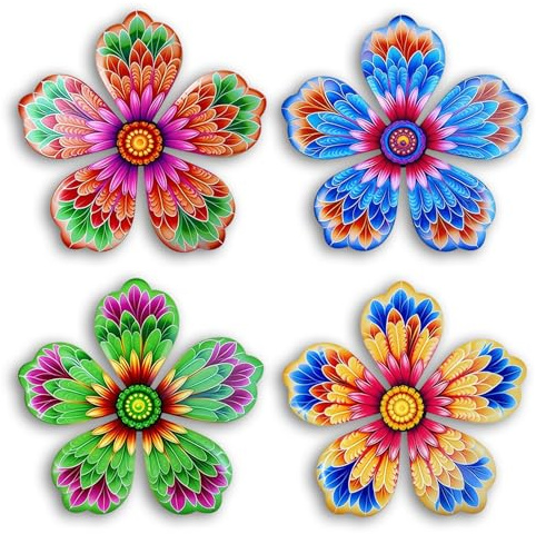 Komergave 4 Pcs Metal Flower Wall Decorations, Garden Wall Art Flower Wall Panel, Metal Artwork For Wall, Colorful Wrought Iron Decor, Hanging Wall Ornaments For Garden, Yard, Facade, Patio