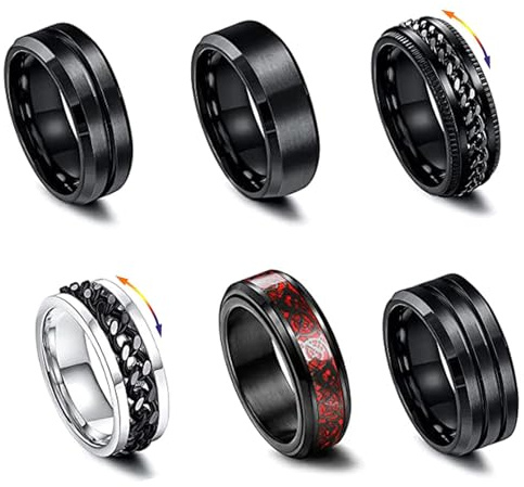 Hernin 6 Stück Edelstahl Fidget Ring Spinner Ring, Männer Edelstahl Spinner Ringe, Rostfreier Stahl Spinnerringe Set für Männer Frauen, Coole Schwarze Ringe Set