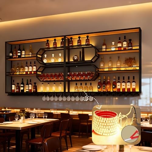 Troupmiye Modernes Wand-Weinregal, 3 Schicht Hängend Bar Regale Aufbewahrung mit Glashalter, Metall Wand montiert Wein Display Rack für Bars Restaurants und Küche (Schwarz, 200cm)
