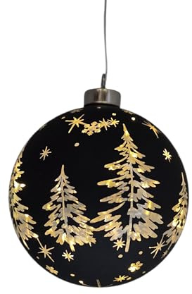 WB wohn trends LED Weihnachtskugel aus Glas 12 cm, Hängedekoration mit Timer, Motiv Tannenbäume & Schneeflocken, Schwarz matt, mit warmweißem Licht, Indoor, batteriebetrieben (AAA)