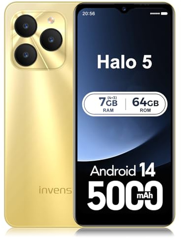 invens Halo 5 Mobile Phones SIM Free Unlocked Android 14 Smartphone with 6.517''HD+ Display, 5000mAh Battery,7GB+64GB/256GB,8MP+16MP Camera, 4G Dual Sim/Fingerprint/Face ID/GPS/BT4.2 (Gold)