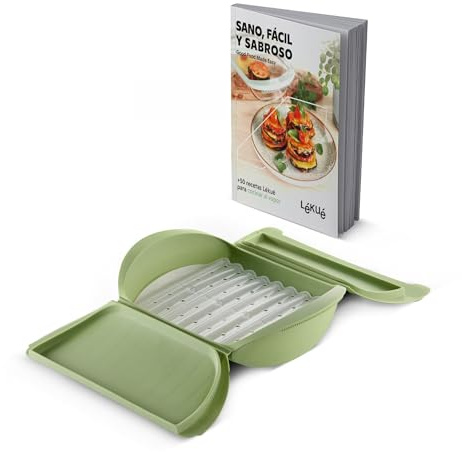 Lékué Estuche vapor silicona verde c/bandeja y libro (ESP), 3-4 pers.1400ml
