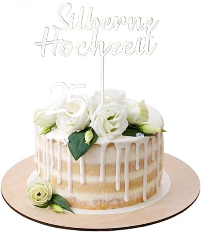 2 Stück Tortendeko Silberhochzeit, Acryl Cake Topper 25 Hochzeitstag Silberne, Torten Topper Kuchendeko Silber für 25 Hochzeitstag Geschenke Jahrestag Frauen Männer