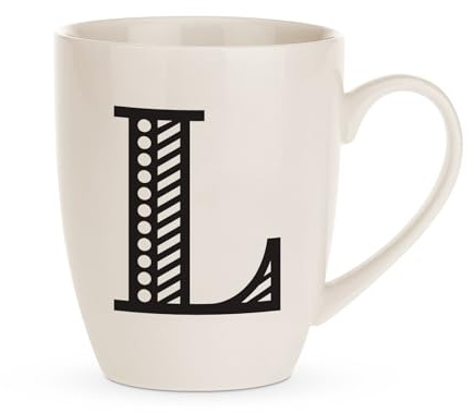 FabFinds Hugga Mug with Initials Classic Black and White Ceramic Large Gift Coffee Cups 500ml (H11cm X W11cm) (Approx.) (L)