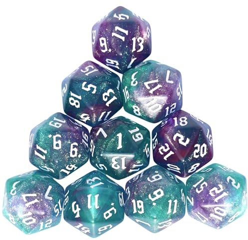 Dzxin W20 Würfel, 10 Stück Polyedrische W20 Würfel, D20 MTG würfel DND würfel für Rollen- und Tabletopspiele (Grün + Lila)