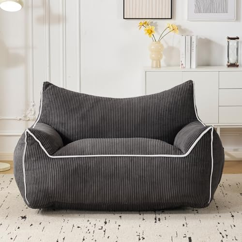Fiximaster Sitzsack Cord mit Rückenlehne, Sitzsack Erwachsene mit Füllung, Großer Bean Bag aus Kunstfell, Bequemer Lounge-Sessel mit Hochdichtem Schaumstoff, Schlafzimmer & Wohnzimmer, Grau