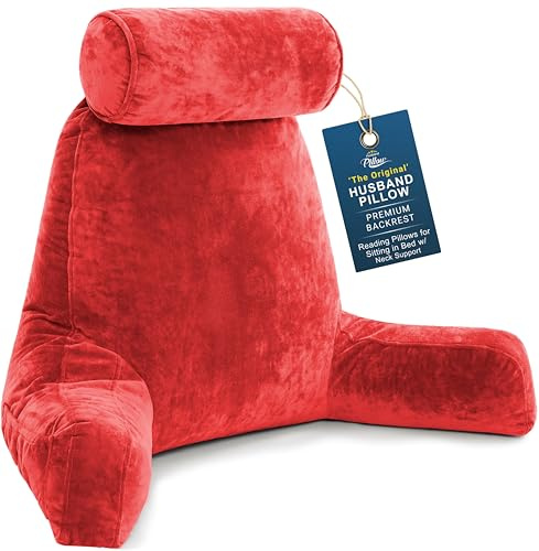 Husband Pillow XXL Red Backrest with Arms - Adult Reading Pillow with Shredded Memory Foam, Ultra-Comfy Removable Microplush Cover & Detachable Neck Roll, Unmatched Support for Bed Rest Sit Up Pillow