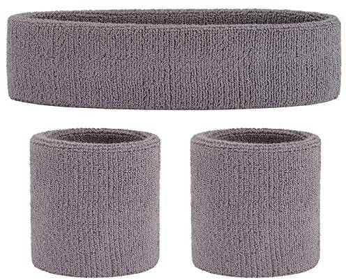 ONUPGO Ensemble de Bandeau (3 pièces) Sports Bandeau Poignet rayé Sweatband Tissu éponge Poignet Athletic Exercice Basketball Poignet Bandeau et Bandeaux humidité Mèche Sweat Head Band Absorbant Gris