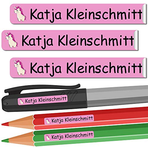 INDIGOS UG - Namensaufkleber Kinder Schule - 49x7 mm - personalisierbar - 049 - Einhorn - 88 Sticker - Namensschilder personalisiert - Aufkleber selbst gestalten - Stifte, KITA, Federmappe