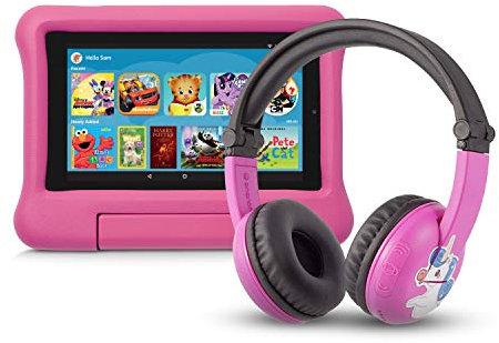 Fire 7 Kids Edition Tablet | 7 Display, 16 GB, Pink Kid-Proof Case + Made for Amazon Bluetooth BuddyPhones, PlayTime in Pink – Ages (3-7)