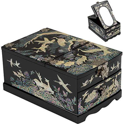 February Mountain Perlmutt Holz Schmuck Organizer Box - Schmuck Aufbewahrungsbox für Frauen, mit geräumigen Schubladen, ideal für Ringe, Armbänder, Uhren, Ketten, Accessoires, Vintage Raumdekor