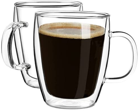 YUNCANG Double Wall Glass Coffee Mugs with Handle,[2-Pack,16 Oz],Clear Glass Coffee Mugs,Glass Cappuccino Cups,Espresso Cups,Tea Cups,Latte Cups,Glass Beverage Mugs… (16oz)