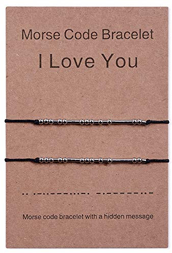 CheersLife 2PCS I Love You Morse Code Bracelets Couples Men Women Boyfriend Girlfriend Matching Relationship Black Rope Beads Bracelet Set Jewellery Gifts for Him and Her