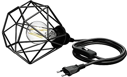 ledscom.de Käfig-Leuchte klein, Textilkabel LEKA schwarz, Stecker, Schalter, 3 m, inkl. E27 Lampe max. 963lm, 3-Stufen dimmen, warmweiß