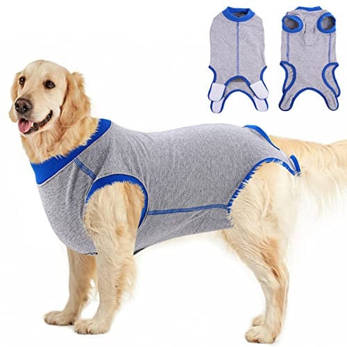 PUMYPOREITY Wundschutzanzüge für Hunde, Hunde-Einteiler für Chirurgische Bauchwunden und Hautschutz Anti-Leck-Kegel E-Halsband-Alternative nach Operationen(Grau, XL)
