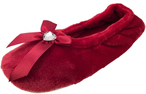 Atania Ladies Velour Ballerina Slippers with Bow Deep Red 3/4 UK