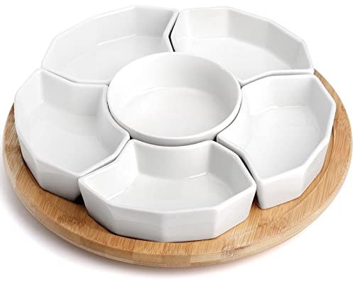 SOUJOY Lazy Susan Serviertablett aus Porzellan, 360° drehbares Serviertablett und Platten, abnehmbare, geteilte Servierschalen, Party-Schüssel für Chip, Dip, Gemüse, Süßigkeiten und Snacks, Käse, 27,9