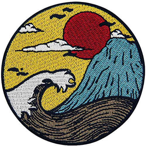 Great Wave Under Red Sun Patch Embroidered Applique Badge Iron On Sew On Emblem